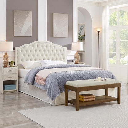 24KF Large Rectangular Storage Bench,Upholstered Seat Cushion,Ottoman Coffee Table with Ivory Removable Cushion for Living Room,Entryway Bench Bed Bench with Solid Wood Shelf,5069-Ivory