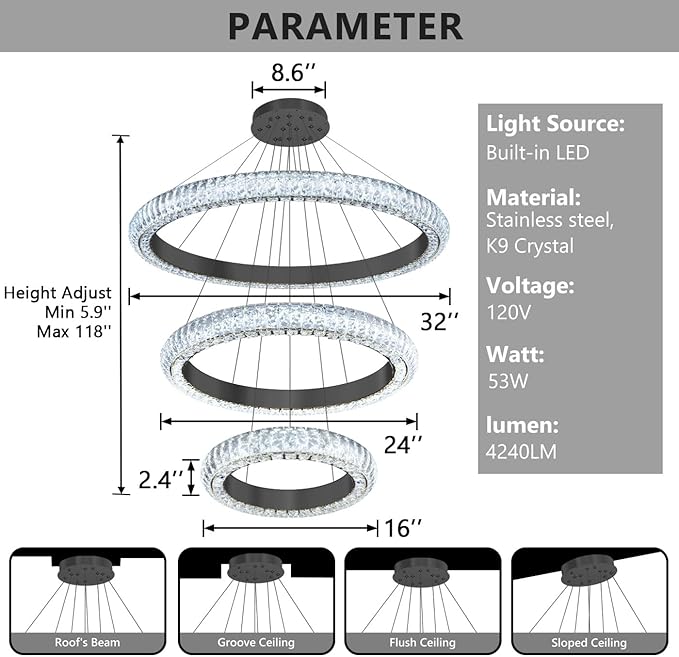 31.5" 3 Ring Crystal Chandelier Modern LED Dimmable Ring Pendant Light Round Chandelier for Dining Room Living Room Black