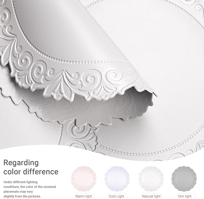 Noctiflorous Round Faux Leather 15 Inch Placemats Set of 4 Waterproof Wipeable Heat Resistant Tablemat for Dining Table Kitchen Non Slip Washable Oilproof Table Place Mat(White, 4)