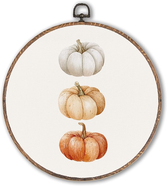 Hxlac Fall Pumpkin Print Round Wall Art Framed, Rustic Fall Round Wall Decor, Autumn Halloween Hanging Canvas Prints Wall Sculptures for Farmhouse Home Living Room Bedroom Decor, 10x10 Inch