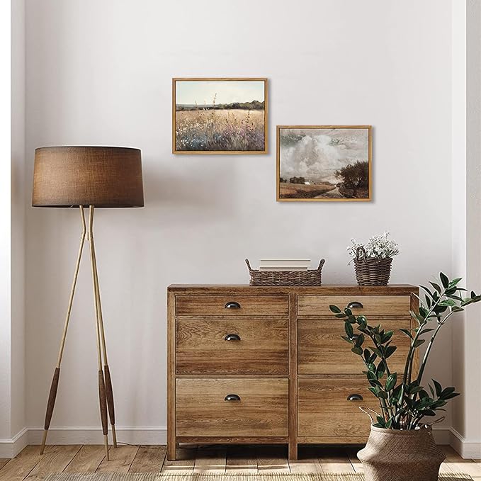 KBKBART Framed Vintage Wall Art Prints, Retro European Country Autumn Wildflower Field Landscape Canvas Painting Farmhouse Decor, Rustic Antique Framed Canvas Wall Art for Bathroom, Bedroom, Living