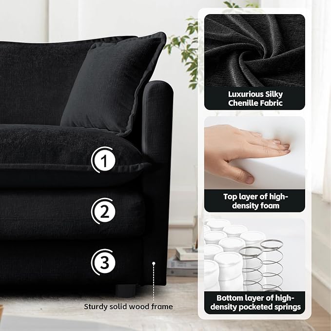 SoarFlash Chenille Sectional Sofa, Comfy L Shaped Modular Coush Sofa with Ottoman, Modern 3 Seat Couch Deep Seat Sofa Set for Living Room,Black