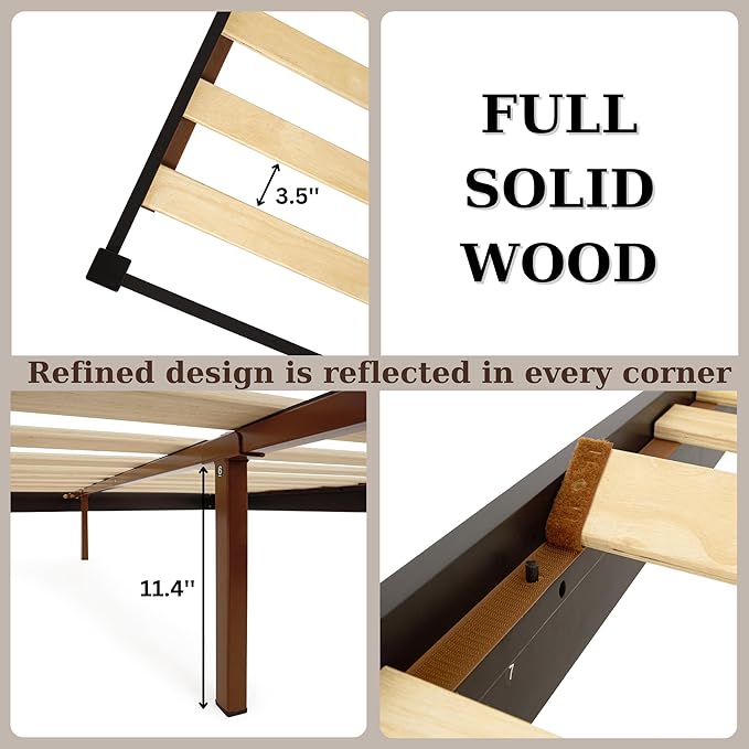 Bme Dinkee King Platform Bed Frame Wood 15 Inch - Solid Wood Bed Frame - Modern & Minimalist Style - 12 Strong Wood Slat Support - Easy Assembly - No Box Spring Needed - Black
