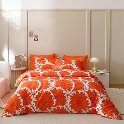 CLOTHKNOW Sunflower Comforter Set King Size Orange Whtie Bedding Comforter Sets Rust Flower Comforter Botanical Comforter Sets