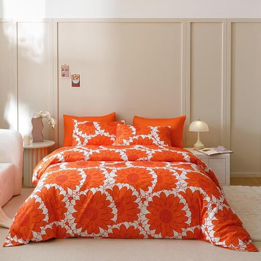 CLOTHKNOW Sunflower California King Comforter Set 3Pcs Orange Whtie Bedding Comforter Sets Rust Flower Comforter Botanical Comforter Sets Lightweight