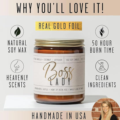 Boss Lady Gifts for Women - Soy Candle, w/Vanilla, White Coconut & Vetiver I Best Boss Gifts for Women/Girl/Female I Bosses Day Gift I 9oz Jar, 50Hr Burn Time, Made in USA