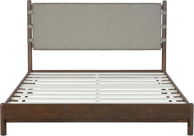 Premium Rubber Wood Platform Bed Frames, Queen Size Headboard Included, Mid Century Modern Bed, Walnut+Light Grey