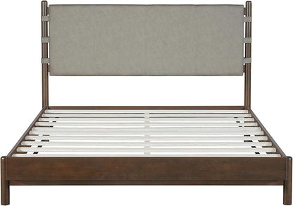Premium Rubber Wood Platform Bed Frames, Queen Size Headboard Included, Mid Century Modern Bed, Walnut+Light Grey