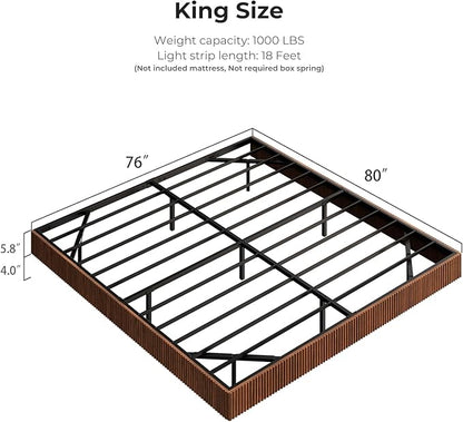 Evermagin Walnut King Floating Bed Frame with led Lights, Mid Century Modern Fluted Floating Platform Bed No Headboard, Heavy Duty Metal Float Bedframe, No Box Spring Needed