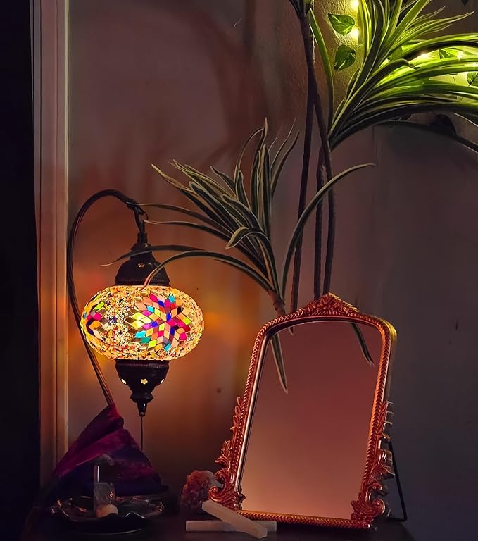 Rose Gold Makeup Mirror, Small Standing Vanity Mirror Decorative Ornate Arched Desk Mirror with Carved Wood Frame, for Bedrooms,Living Rooms Table Top and Salon 11.8" x 9.6"