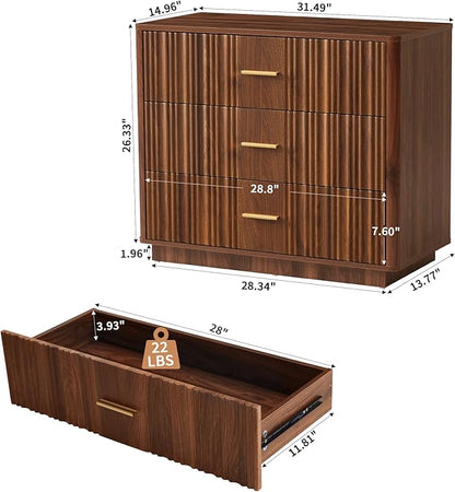 Fluted Dresser for Bedroom with 3 Drawers,31.5"Wide Modern Chest of Drawers with Metal Handle,Large Storage Dresser, Wood Closet Clothes Storage Organizer for Nursery Living Room Hallway,Walnut 2 Sets