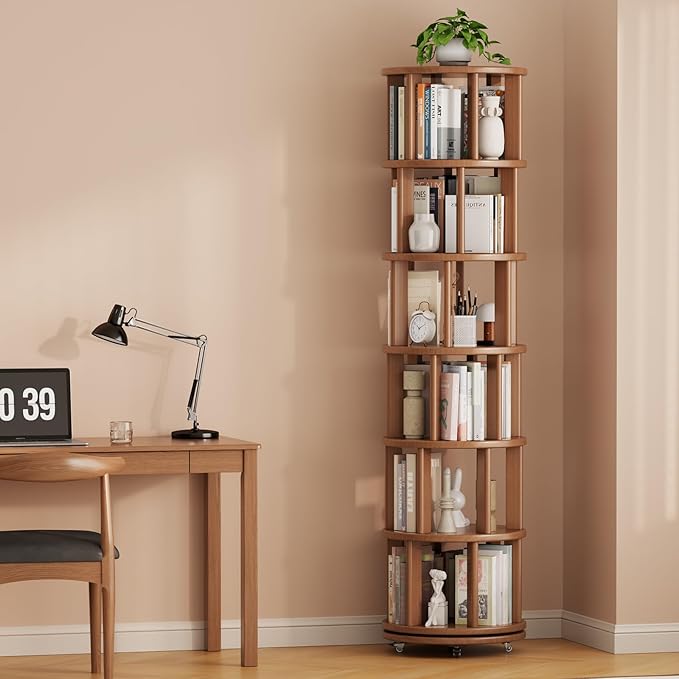 Solid Wood Rotating Bookshelf on Wheels, 6 Tier, Round Revolving Bookcase, 360° Spinning Book Shelf Tower for Kids, Narrow Rolling Bookshelves for Small Space, Corner, Bedroom, Office, Walnut