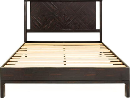 Bme Ethan Queen Bed Frame with Diamond Headboard, Mid-Century Modern, Solid Acacia Wood, No Box Spring Needed, Fits All Mattresses, Rustic Black