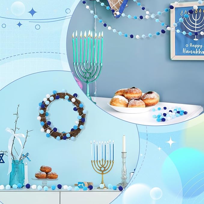 MARFOREVER 4 Pack 26.3 FT Hanukkah Pom Pom Garland, 30 Balls Blue White Winter Chanukkah Garland Hanging Supplies for Hanukkah Jewish Classroom Fireplace Wall Birthday Baby Shower Party Decoration