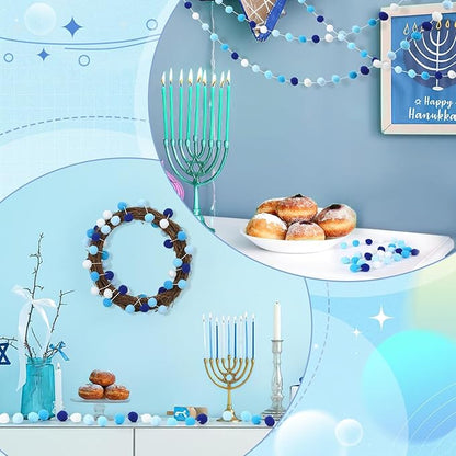 MARFOREVER 4 Pack 26.3 FT Hanukkah Pom Pom Garland, 30 Balls Blue White Winter Chanukkah Garland Hanging Supplies for Hanukkah Jewish Classroom Fireplace Wall Birthday Baby Shower Party Decoration
