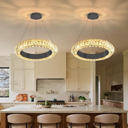 16" Ring Modern LED Dimmable Crystal Chandelier Adjustable Height Pendant Light Round Crystal Chandelier Light Fixtures for Dining Room Living Room Kitchen Island Black