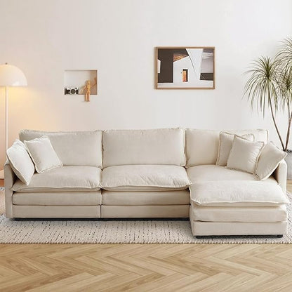 SoarFlash Chenille Sectional Sofa, Comfy L Shaped Modular Coush Sofa with Ottoman, Modern 3 Seat Couch Deep Seat Sofa Set for Living Room,Light Coffee