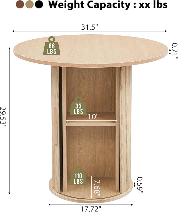 31.5" Round Dining Table for 2-4, Modern Farmhouse Kitchen Table with 2-Tier Storage Shelf, Small Wooden Circle Dining Tables with Fluted Base for Home Dining Room Living Room (Natural)