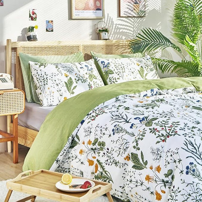 CLOTHKNOW Sage Green Comforter Set Twin/Twin XL Cotton Floral Botanical Bedding Sets White Green Flowers Bedding Comforter Soft 3Pcs Bedding Comforter Sets