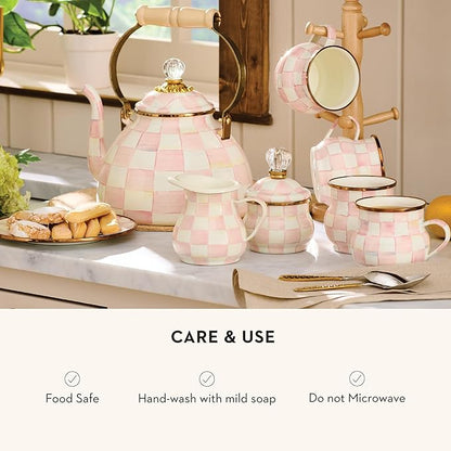MACKENZIE-CHILDS Enamel Mug, Cute Enamelware Coffee and Tea Mug, Unique Drinkware, 16 Ounces, Pink-and-White Rosy Check, Set of 4