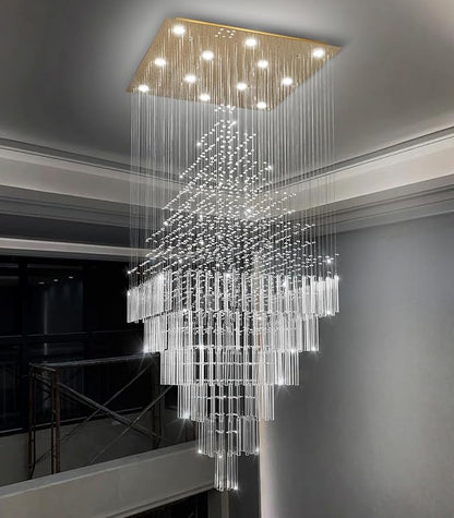 W32 x H120 Glam Chandelier with LED Bulbs Square Chandeliers, Crystal Raindrop High Ceiling Pendant Light for Entrance Large Villa Foyer Lighting Fixtures Gold