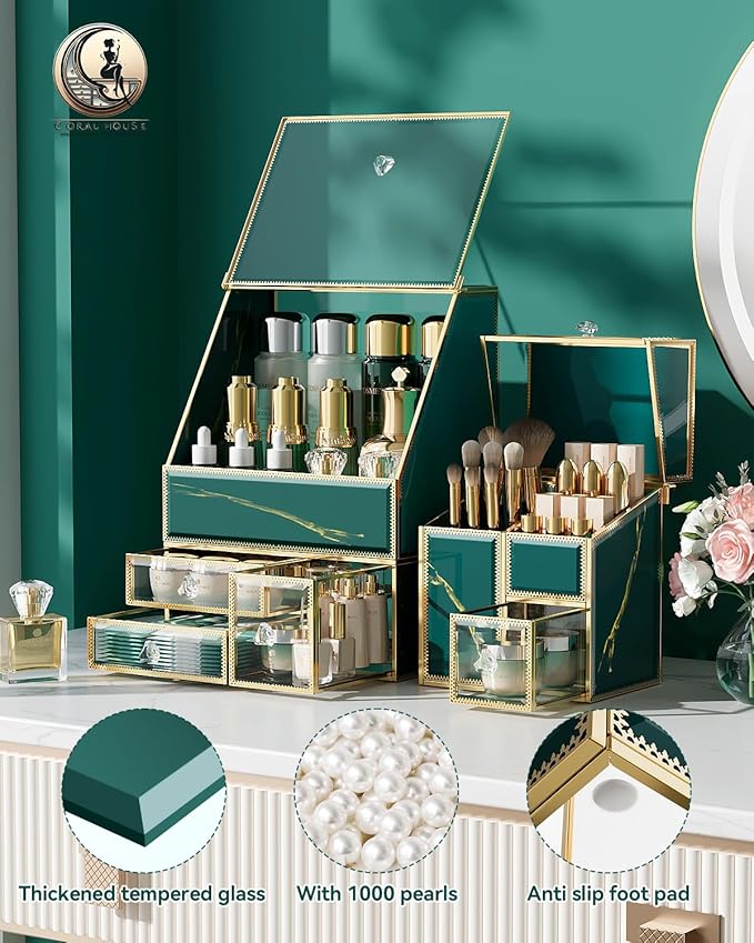 Makeup Organizer Green– Large Vanity Organizer for Skincare, Lipsticks, Perfume & Brushes – Countertop Cosmetic Storage Box for Women, Bathroom or Dresser.