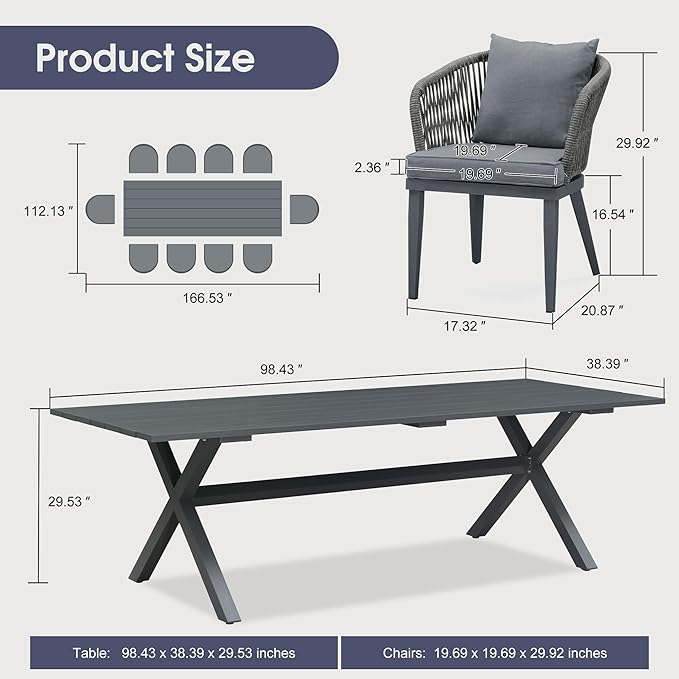 PURPLE LEAF 11 Pieces Patio Dining Table Set Wicker Outdoor Furniture Rectangular Table and Chairs Set for Garden Deck Aluminum Frame Backyard Kitchen Set, Cushions and Pillows Included Grey