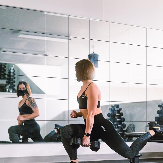 Home Gym Wall Mirror, 12"x12"x4PCS Full Length Home Gym Workout Mirror for Garage, Bedroom, Living Room, Over The Door