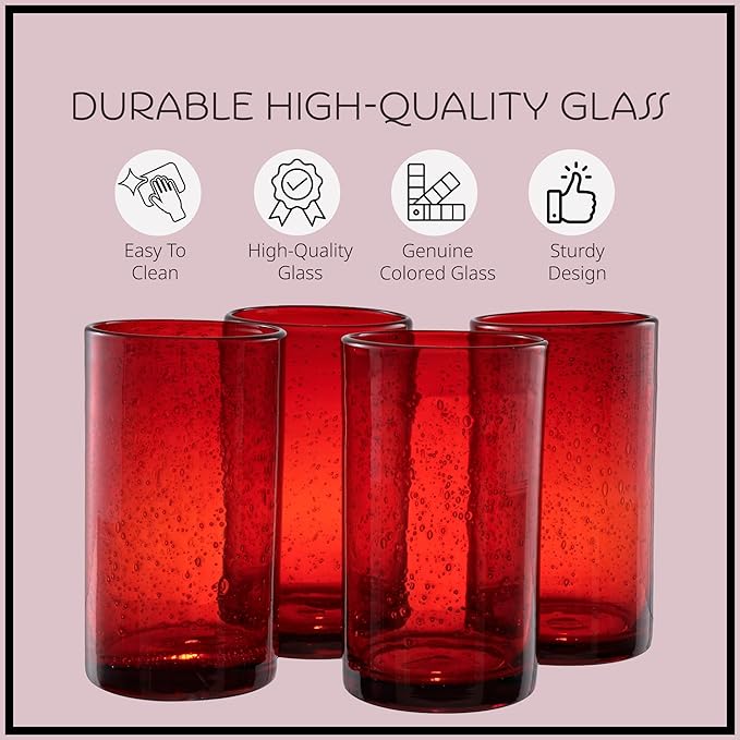 Artland 17oz Highball Tumbler, Set of 4 | Iris Seeded Design, Ruby Red | Drinking Glass for Parties and Everyday Use - Mojito, Whiskey, Cocktail | Glassware & Kitchenware Essentials