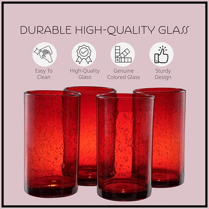 Artland 17oz Highball Tumbler, Set of 4 | Iris Seeded Design, Ruby Red | Drinking Glass for Parties and Everyday Use - Mojito, Whiskey, Cocktail | Glassware & Kitchenware Essentials