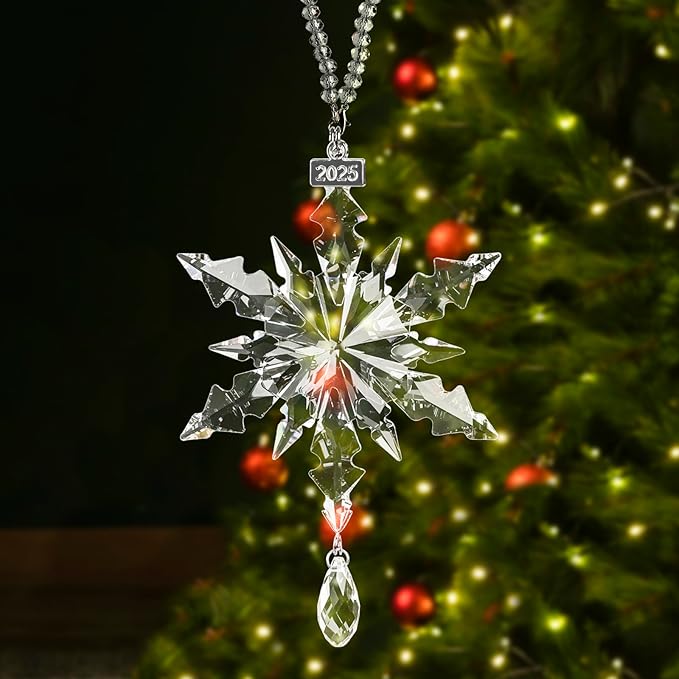 2025 Christmas Ornament Crystal Snowflake with Crystal Drop Pendant and 2025 Engraved Tag for Winter Christmas Tree Decoration Keepsake Gifts Clear