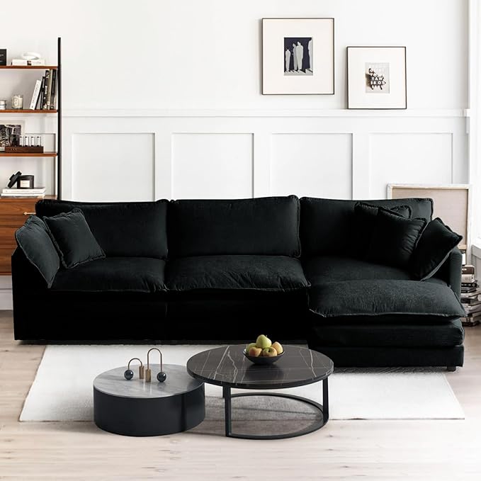 SoarFlash Chenille Sectional Sofa, Comfy L Shaped Modular Coush Sofa with Ottoman, Modern 3 Seat Couch Deep Seat Sofa Set for Living Room,Black