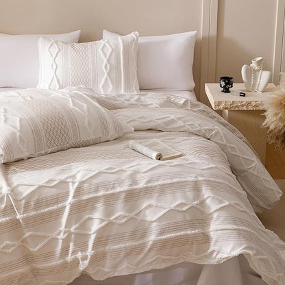 CLOTHKNOW Ivory Boho Queen Comforter Set 3Pcs Farmhouse Fluffy Bedding Comforter Sets Jacquard Stripes Comforter White Khaki Comforters