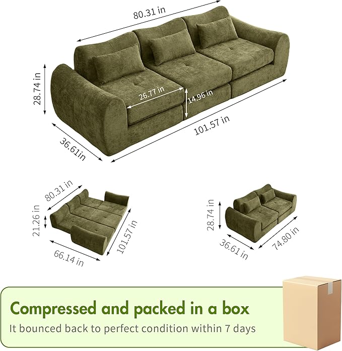 101.6" Modular Sectional Cloud Sofa,Floor Boneless Couch, 4-in-1 Folding Convertible Sofa Bed, Modular Cushion Couch,Suitable for Living Room,Bedroom and Recreation Room (Green)