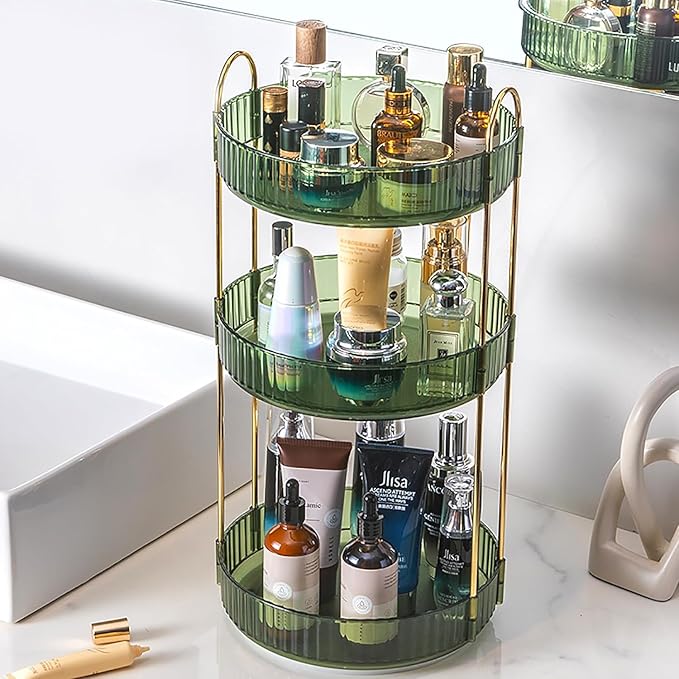 Rotating Makeup Organizer Countertop 3 Tier Lazy Susan Clear Skincare Perfume Storage for Bathroom Counter Vanity, Green Gold