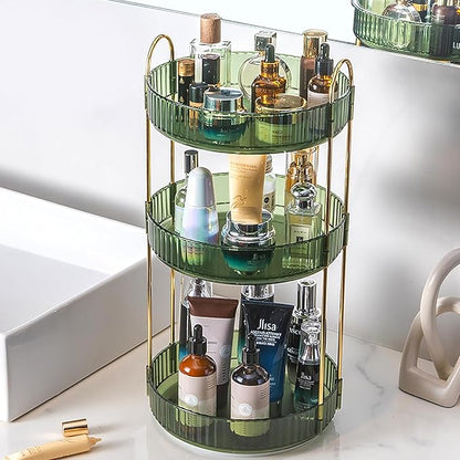 Rotating Makeup Organizer Countertop 3 Tier Lazy Susan Clear Skincare Perfume Storage for Bathroom Counter Vanity, Green Gold