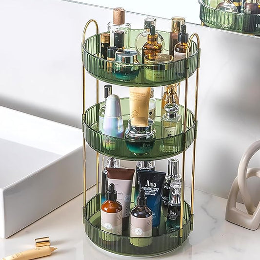 Rotating Makeup Organizer Countertop 3 Tier Lazy Susan Clear Skincare Perfume Storage for Bathroom Counter Vanity, Green Gold
