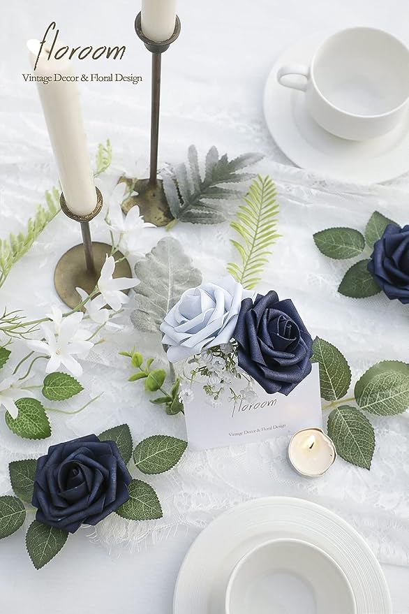 Floroom Artificial Flowers 50pcs Real Looking Navy Blue Foam Fake Roses with Stems for DIY Wedding Bouquets Bridal Shower Centerpieces Floral Arrangements Party Tables Home Decorations