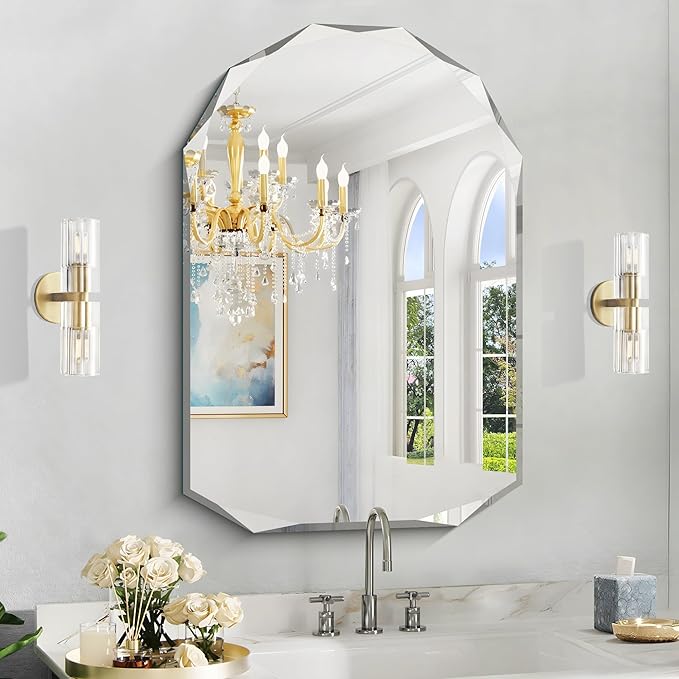 KOCUUY 24"x36" Frameless Wall Mirror, Arched Shape with Diamond-Shaped Beveled Edge,Unframed Decorative with Upgraded Shatterproof Glass,Unique Frameless Mirror for Bathroom,Living Room,Bedroom