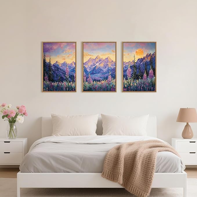 HOURIA Purple Sunset Mountain Landscape Framed Canvas Wall Art Set,Nature Pine Tree Wildflowers Wall Decor,Golden Sunlight Wall Painting,Modern Field Art Prints for Living Room, Bedroom-16 x24 x3
