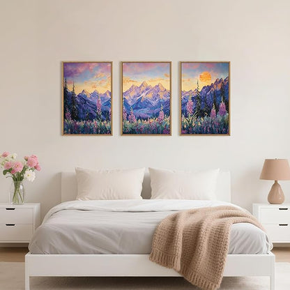 HOURIA Purple Sunset Mountain Landscape Framed Canvas Wall Art Set,Nature Pine Tree Wildflowers Wall Decor,Golden Sunlight Wall Painting,Modern Field Art Prints for Living Room, Bedroom-16 x24 x3