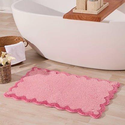 ORTIGIA Cute Pink Scalloped Bath Mat, Fun Plush Microfiber Scallop Bathroom Rugs Non Slip Washable Quick Dry Absorbent, Bathmat Bath Rug for Shower Stall Vanities Kitchen Floor Entrance, 20x32