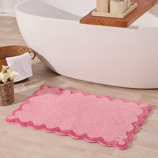 ORTIGIA Cute Pink Scalloped Bath Mat, Fun Plush Microfiber Scallop Bathroom Rugs Non Slip Washable Quick Dry Absorbent, Bathmat Bath Rug for Shower Stall Vanities Kitchen Floor Entrance, 20x32