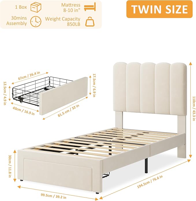 GarveeHome 2 Sets Twin Bed Frame with Under-Bed Drawer, Upholstered Platform Bed with Wave Headboard for Kids/Girls, Wooden Slats Support, No Box Spring Needed, Velvet Beige
