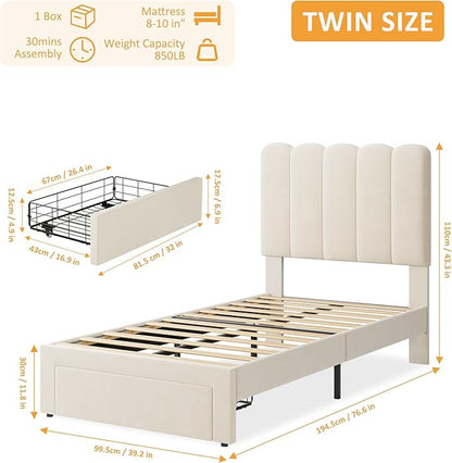 GarveeHome 2 Sets Twin Bed Frame with Under-Bed Drawer, Upholstered Platform Bed with Wave Headboard for Kids/Girls, Wooden Slats Support, No Box Spring Needed, Velvet Beige
