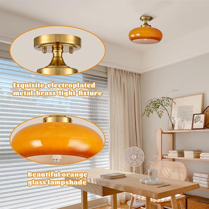 Mid Century Modern Gold Semi Flush Mount Ceiling Light Classic Orange Ceiling Lamp Vintage Glass Kitchen Light Fixture for Hallway Entryway Living Room Bathroom