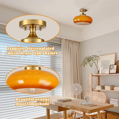 Mid Century Modern Gold Semi Flush Mount Ceiling Light Classic Orange Ceiling Lamp Vintage Glass Kitchen Light Fixture for Hallway Entryway Living Room Bathroom