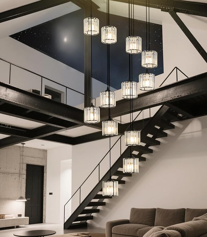 Long Chandeliers for High Ceilings,Modern Crystal Pendant Light,Raindrop Drop Lamp,Hanging Lighting Fixtures for Spiral Staircase,Foyer,Entryway,Living Room,Black (12 Lights)