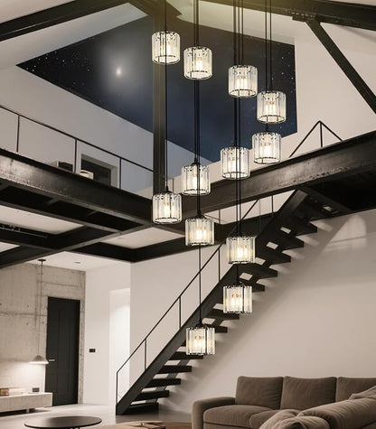 Long Chandeliers for High Ceilings,Modern Crystal Pendant Light,Raindrop Drop Lamp,Hanging Lighting Fixtures for Spiral Staircase,Foyer,Entryway,Living Room,Black (12 Lights)