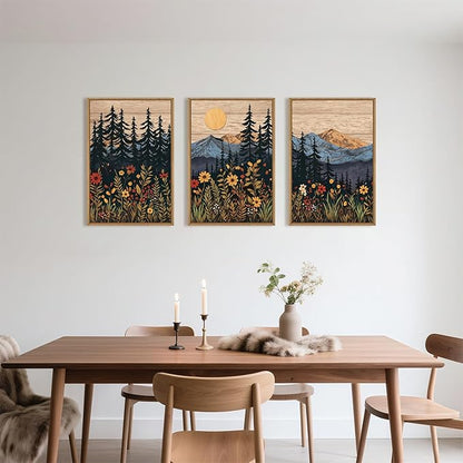 HOURIA Natural Mountain Floral Framed Canvas Wall Art,Modern Sunrise Forest Wall Decor,Boho Wildflower Woodland Landscape Artwork,Wilderness Pine Tree Field Art Print for Living Room,Office-24 x36 x3